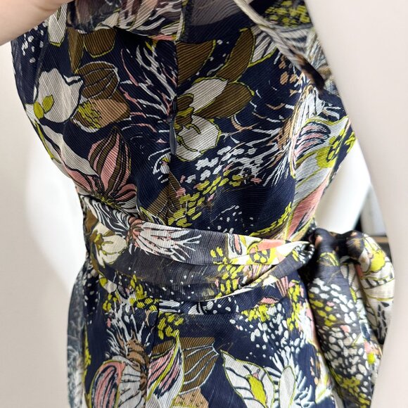 Tanya Taylor Blaire Printed Linen-Silk Midi Faux-Wrap Dress Maritime Blue Multi - Picture 8 of 16